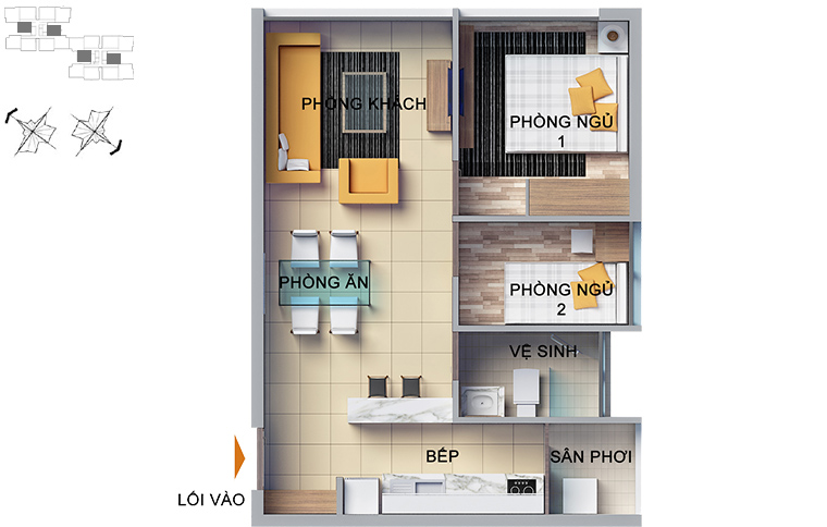 Mặt bằng căn hộ 2 phòng ngủ 51,5m2