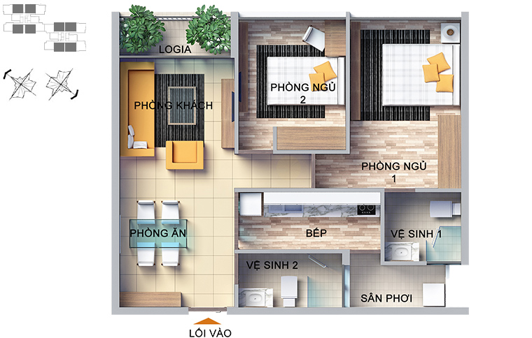 Mặt bằng căn hộ 2 phòng ngủ 71,6m2