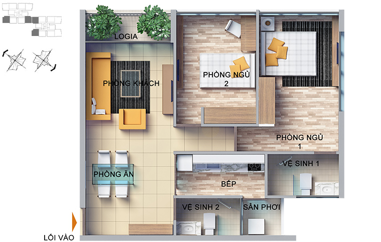 Mặt bằng căn hộ 2 phòng ngủ 75m2