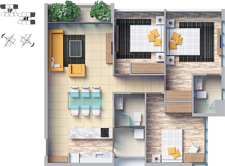 Mặt bằng căn hộ 3 phòng ngủ 88 - 92m2