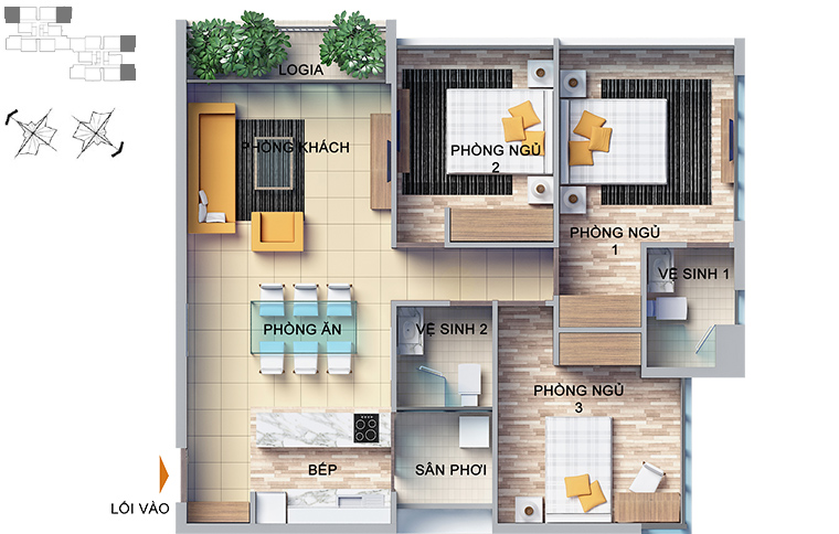 Mặt bằng căn hộ 3 phòng ngủ 94,5m2