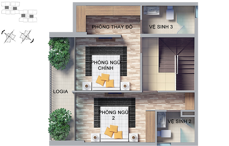 Mặt bằng căn hộ 3 phòng ngủ 103 - 116m2